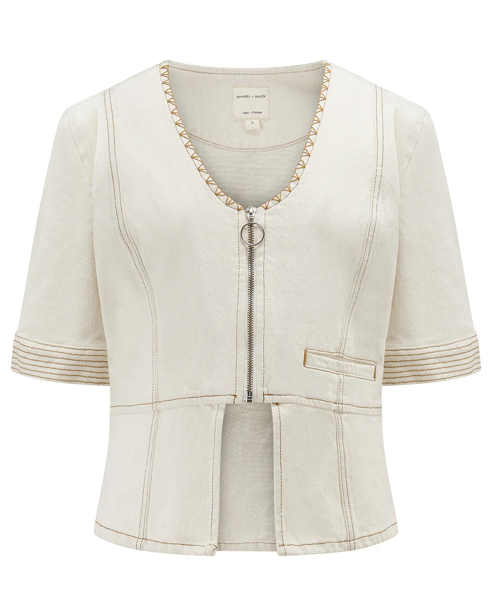 seventy + mochi Lea top with decorative trim on a white background
