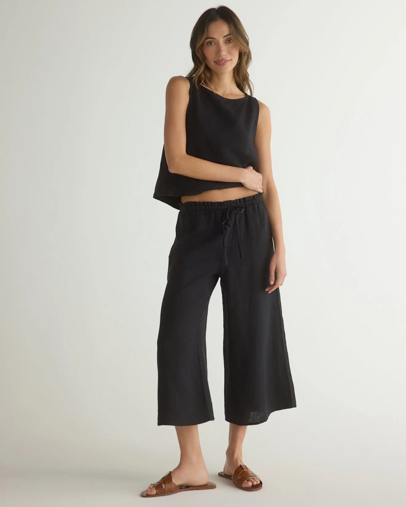 Ruffle Waist Wide Leg Crop - Black
