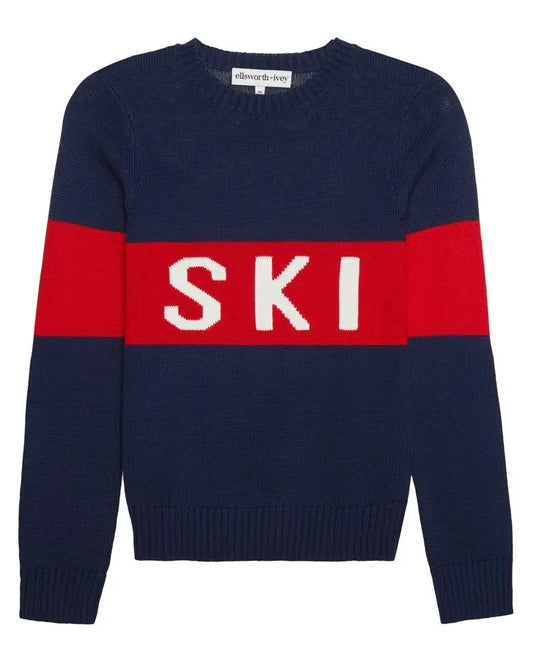 Ellsworth + Ivey Ski Colorblock Sweater in Blue with red stripe that says SKI in white letters on a white background