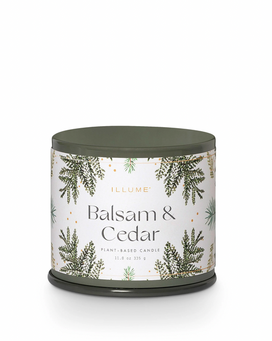 Image of ILLUME Balsam & Cedar Vanity Tin Candle on a white background