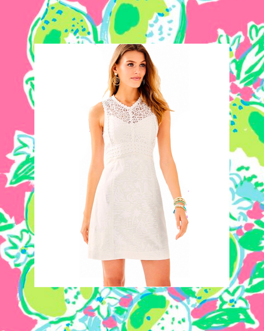 Model wearing Lilly Pulitzer Vintage white Leigh stretch shift dress on a white background with pink and green boarder 