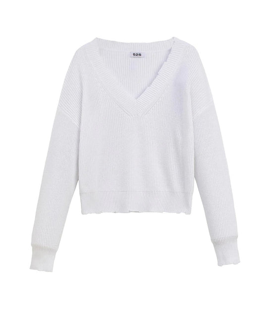 Image of 525 America Distressed V-Neck white pullover sweater on a white background