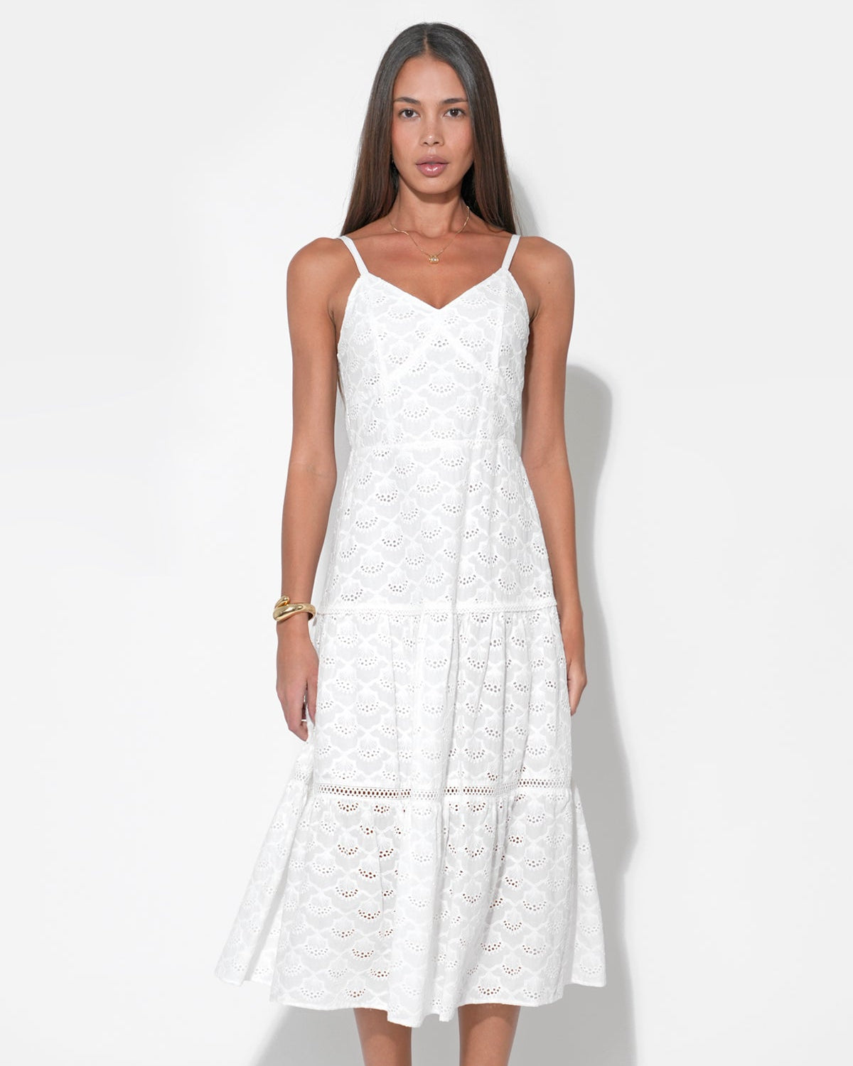 Model wearing the Lina Tiered Strappy Cotton Eyelet Embroidered Midi Dress in front of a white background.