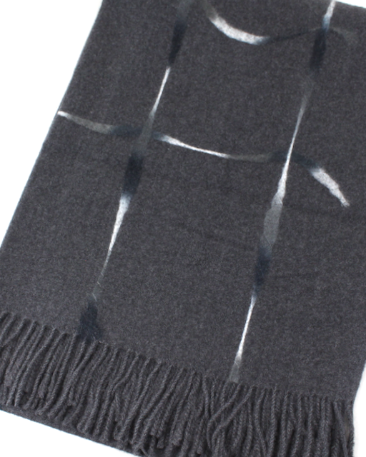 A dark charcoal gray scarf with a woven windowpane pattern and fringed edges, laid flat on a white background.