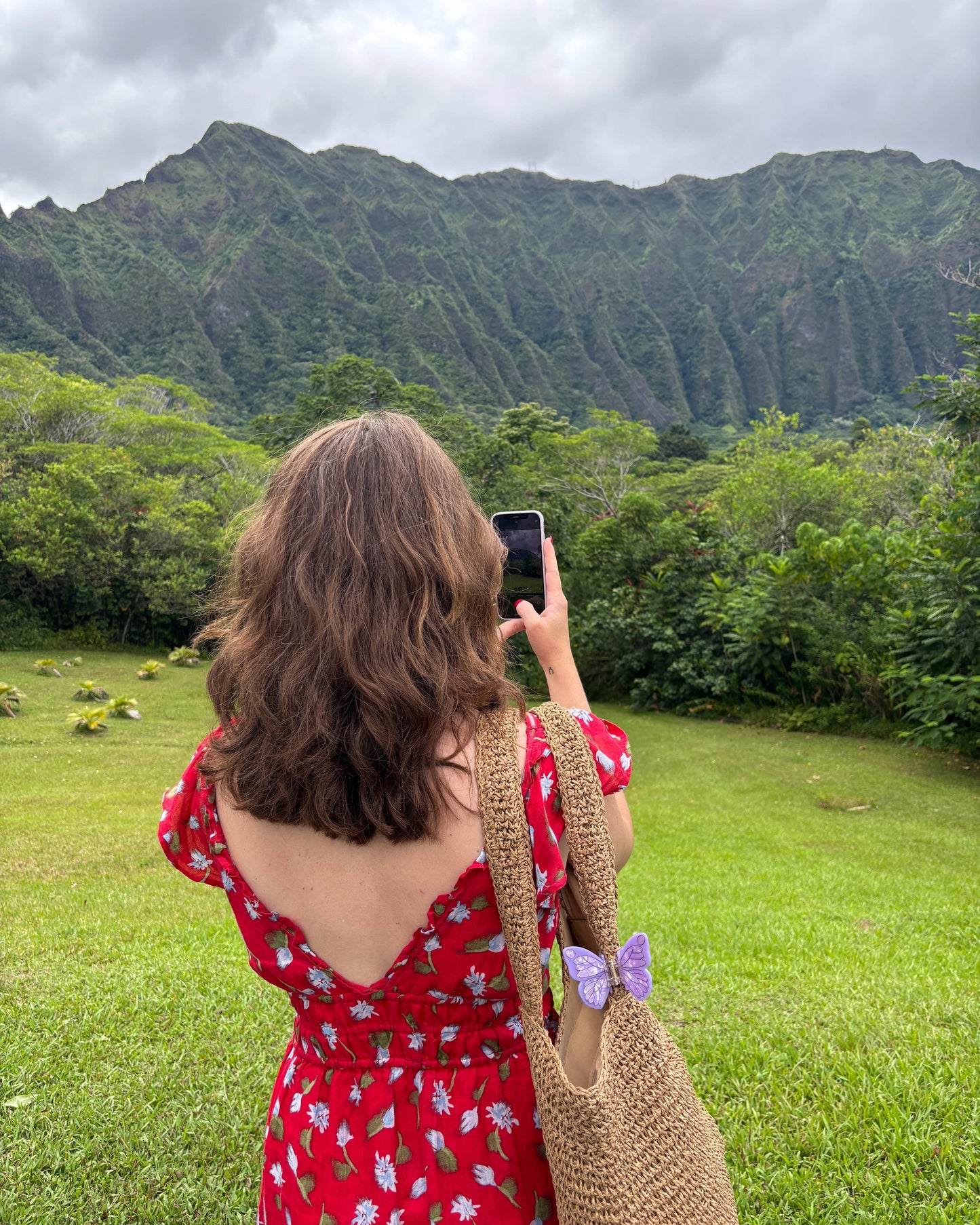 Woman in a red dress taking a photo of lush green mountains.