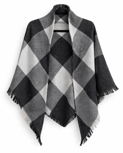 A black, white, and gray plaid fringed poncho scarf draped over a hanger against a white background.