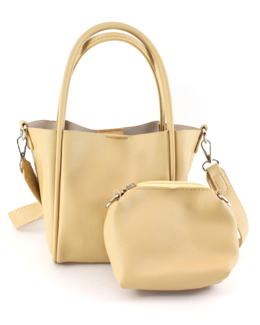 Beige handbag with matching pouch on a white background