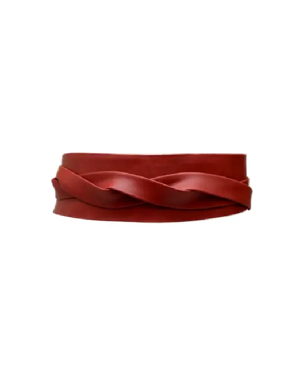 Red leather belt with a braided design on a white background