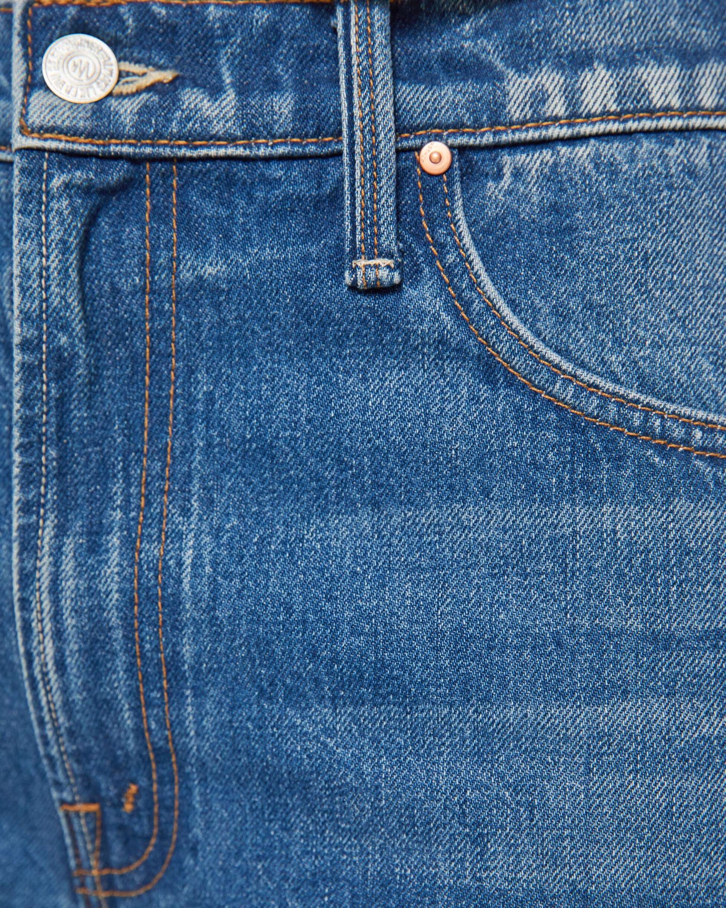 Close-up of blue denim jeans with stitching details
