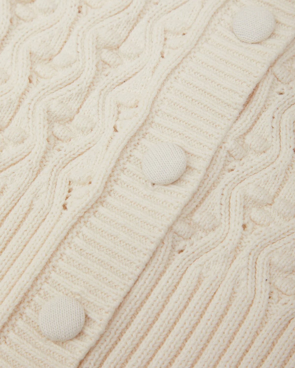 Close-up of a cream-colored cable-knit cardigan sweater showing the detailed knit texture and matching fabric buttons.