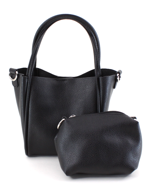 Black handbag with matching pouch on a white background