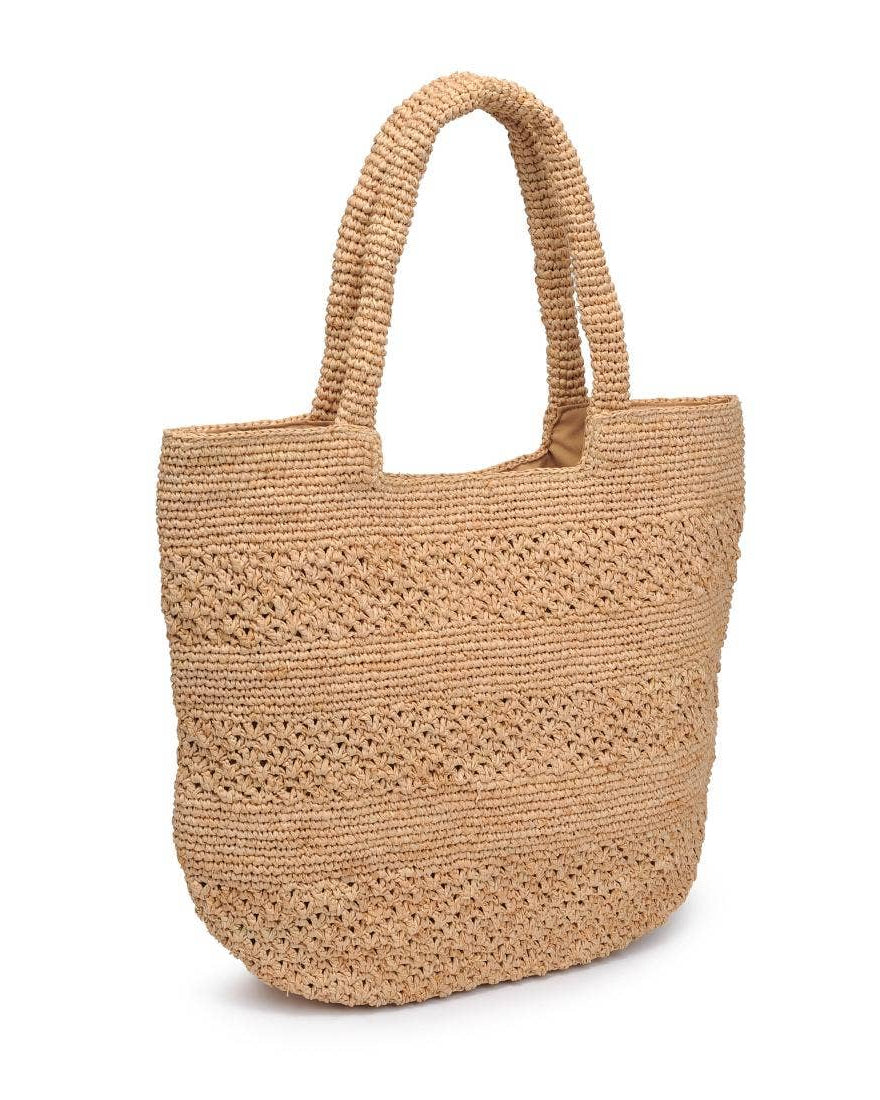 Woven beige handbag on a white background