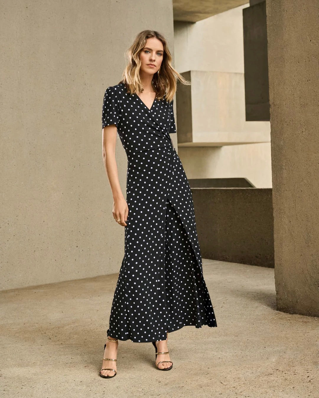 Joseph Ribkoff Silky Knit Dot Print Wrap Culotte Jumpsuit