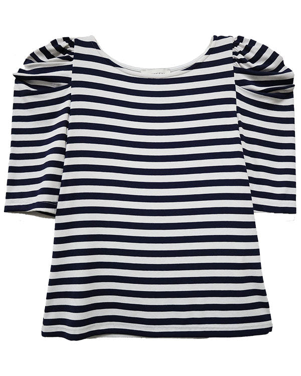 Navy and white striped shirt with short sleeves on a white background