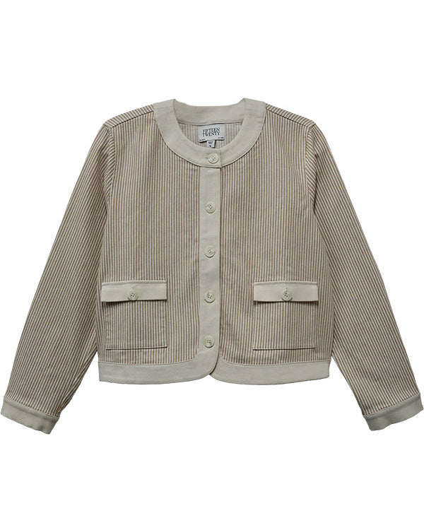 Beige ribbed cardigan with button details on a white background