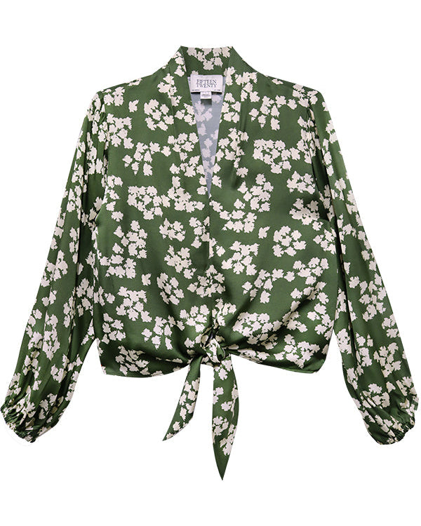 Green floral blouse with a tie waist on a white background