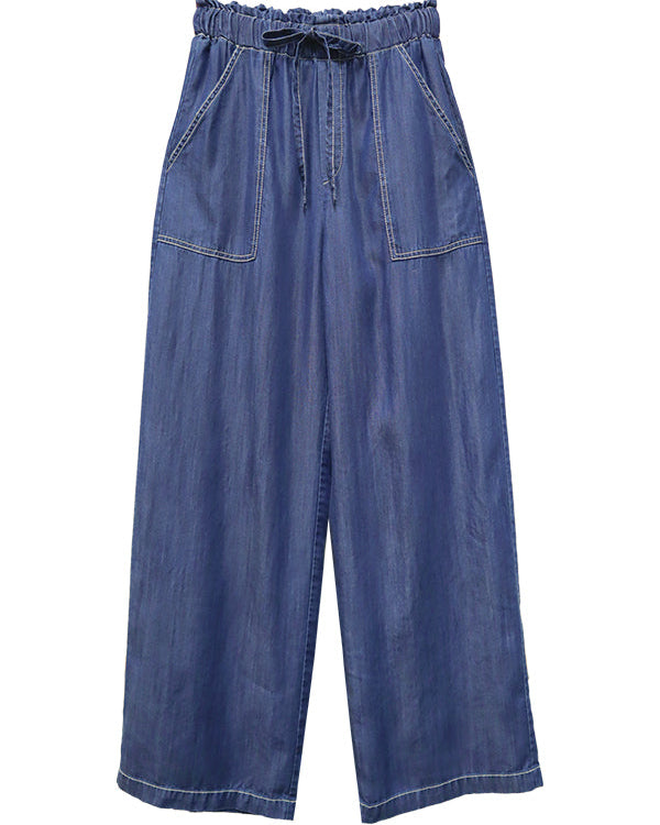 Blue denim wide-leg pants on a white background