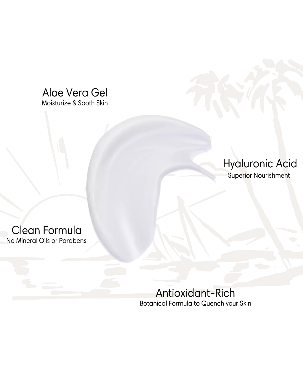 White gel patch with text highlighting aloe vera gel, hyaluronic acid, clean formula, and antioxidant-rich properties on a white background.