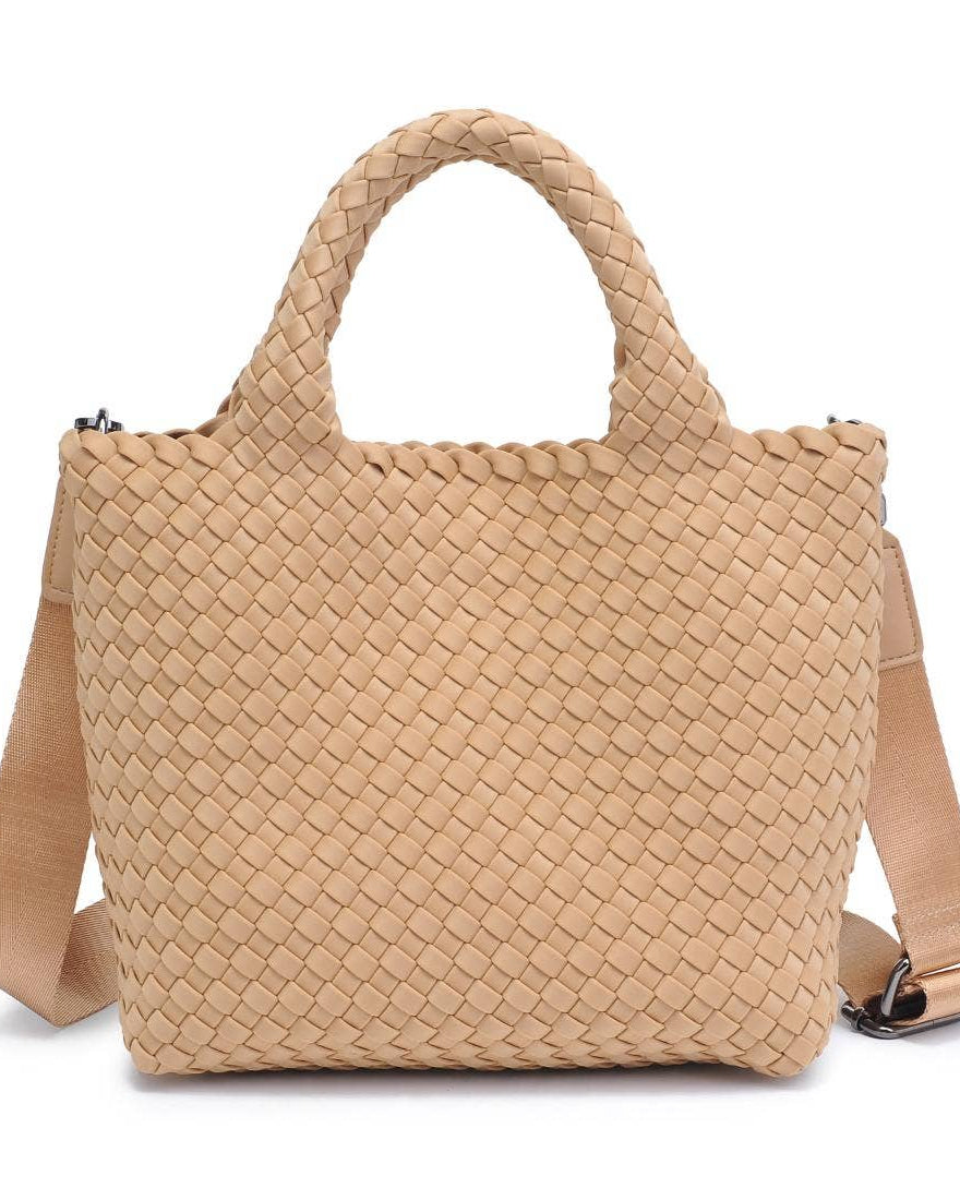 Beige woven handbag with a shoulder strap on a white background