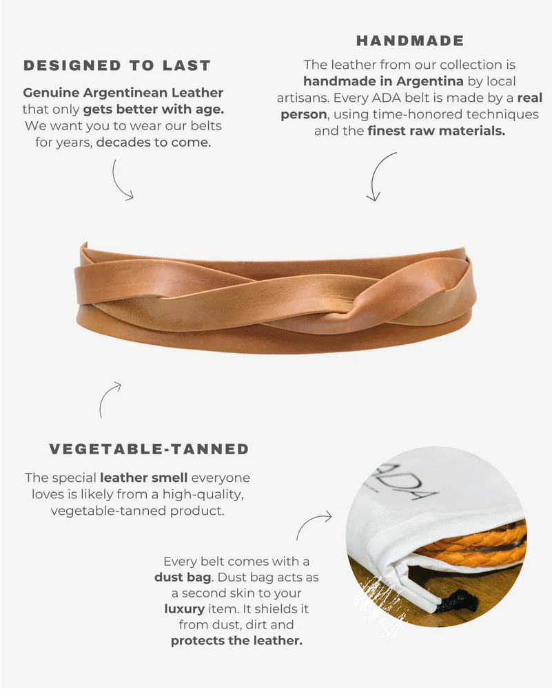 Leather belt with text about handmade quality and vegetable-tanned leather on a white background