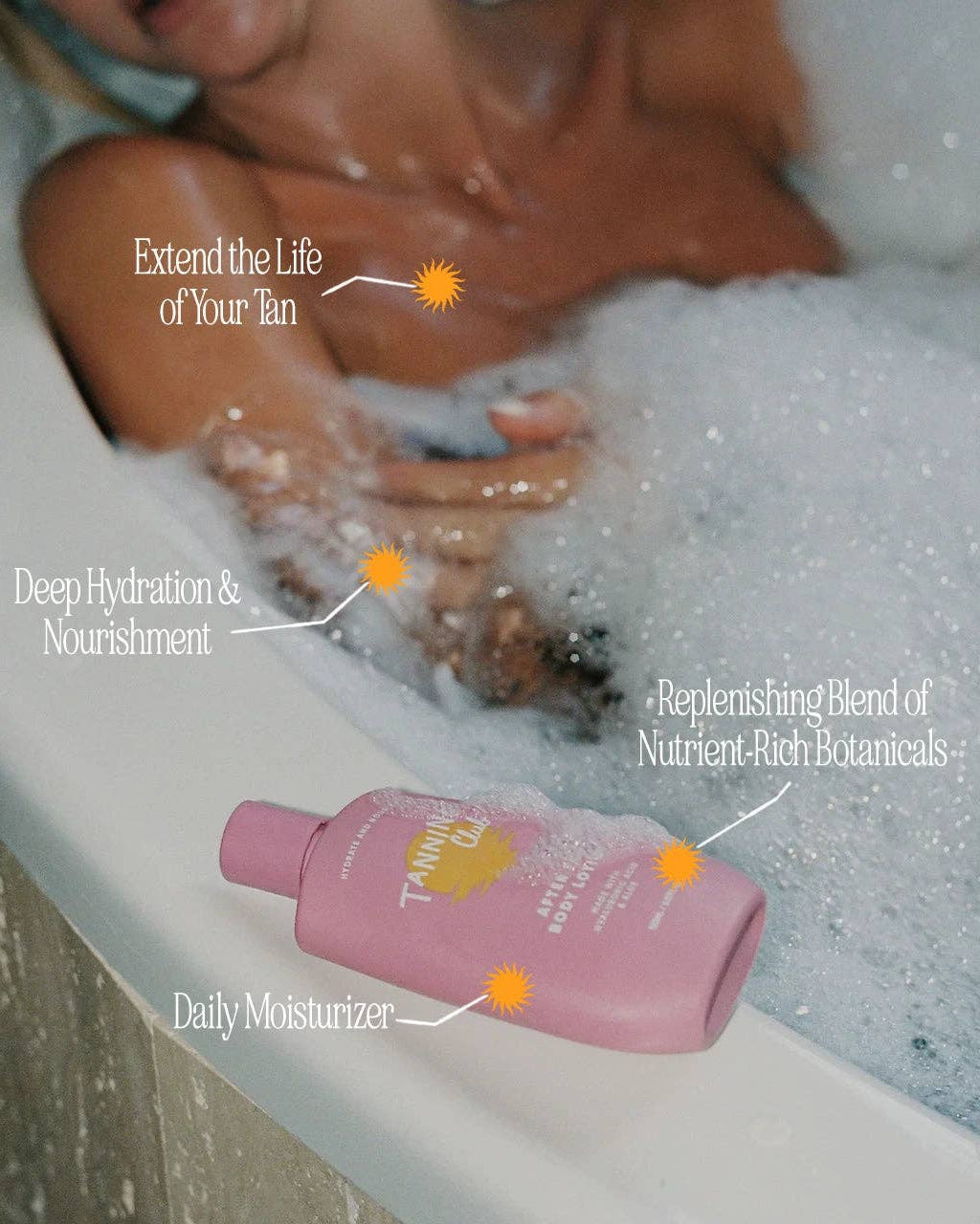 Person in a bathtub with bubbles, pink daily moisturizer bottle, and text about product benefits.