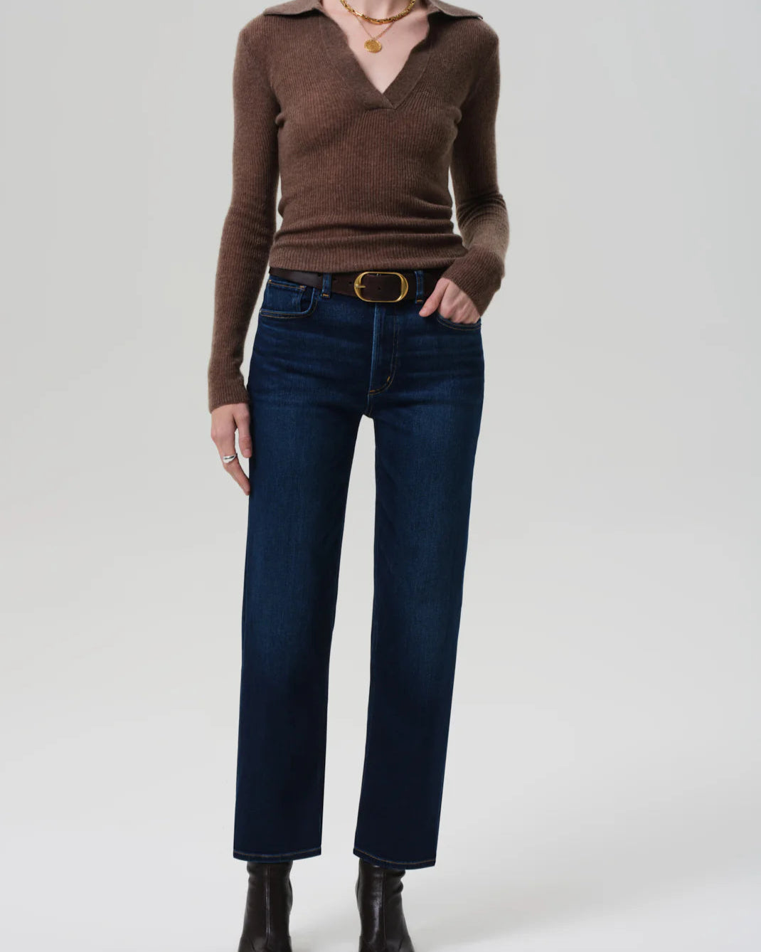 Model wearing the Citizens of Humanity Palma Straight Leg Jeans in Dakota on a white background