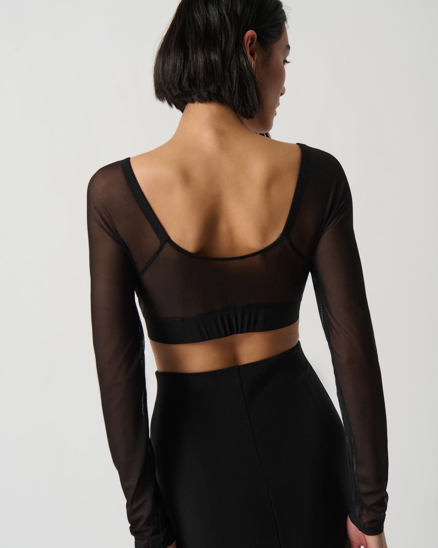 Person wearing a black sheer long-sleeve top and skirt set on a white background