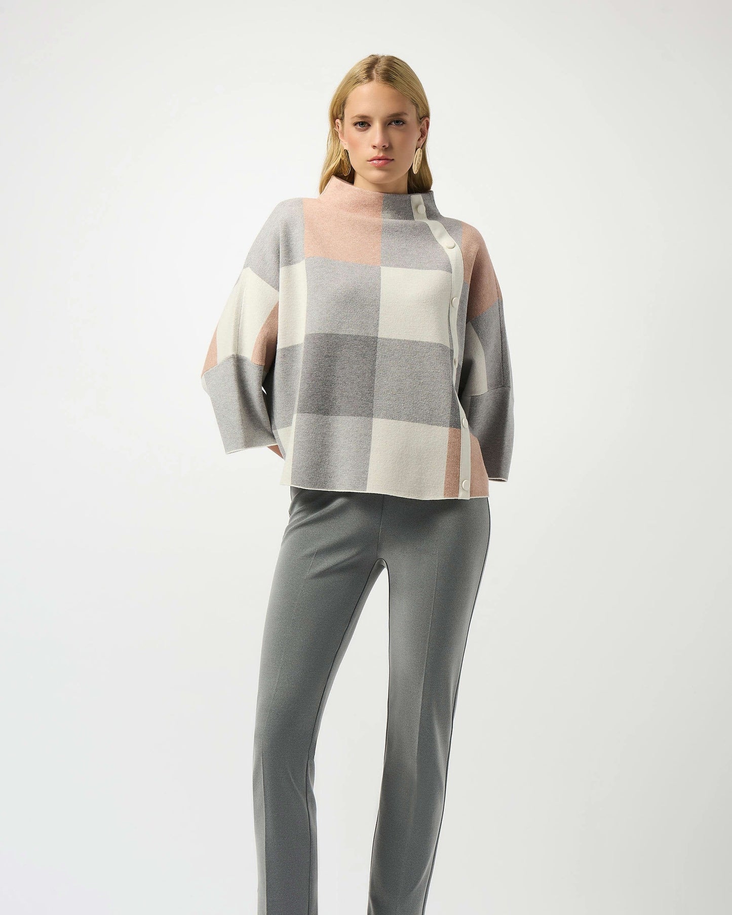 Plaid Jacquard Sweater Knit Top- Rose Multi
