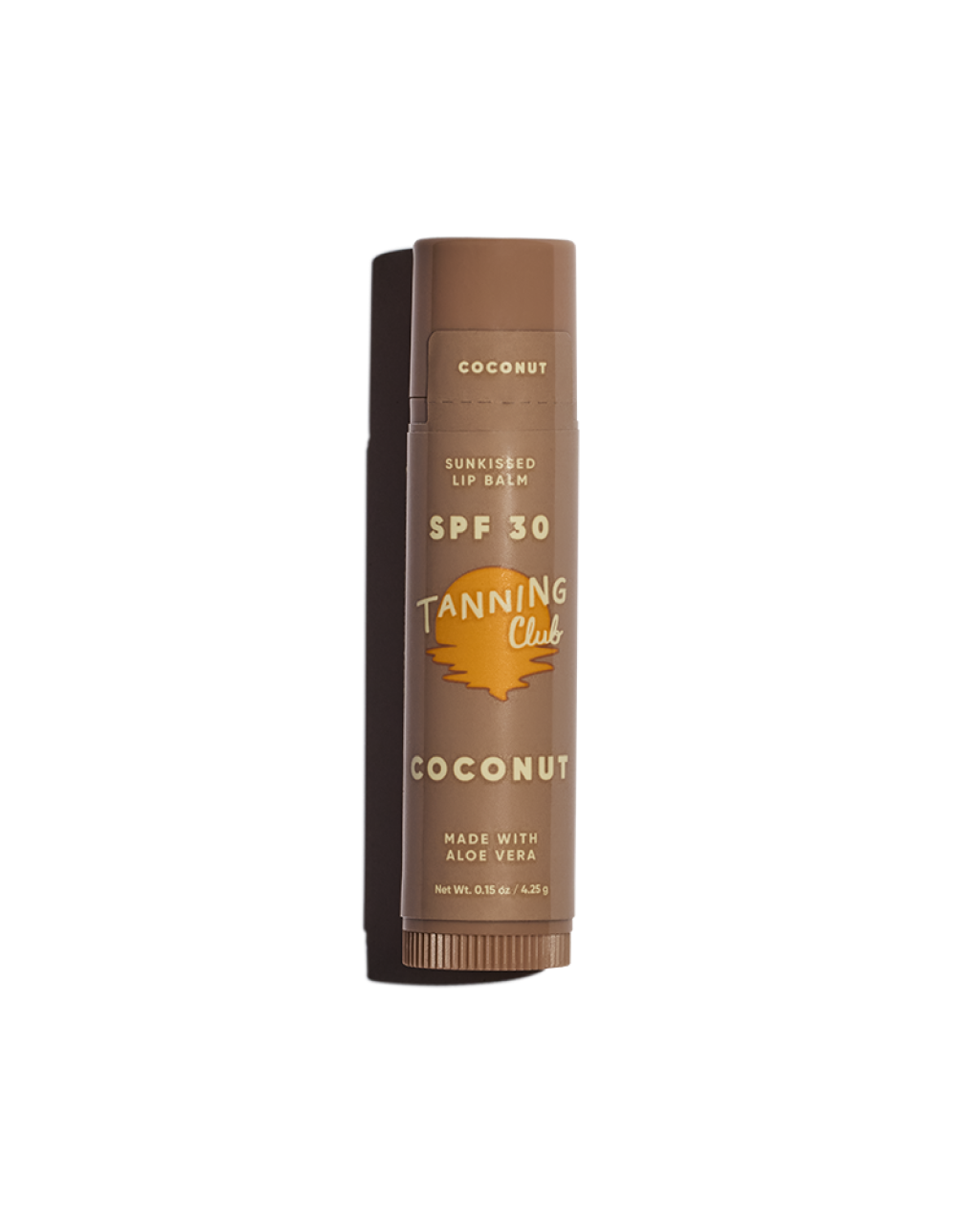 Tanning Club lip balm with SPF 30 on a white background