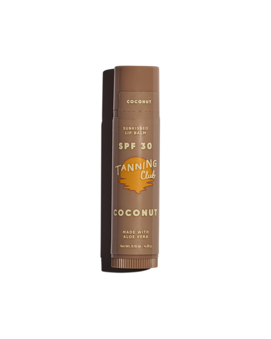 Tanning Club lip balm with SPF 30 on a white background