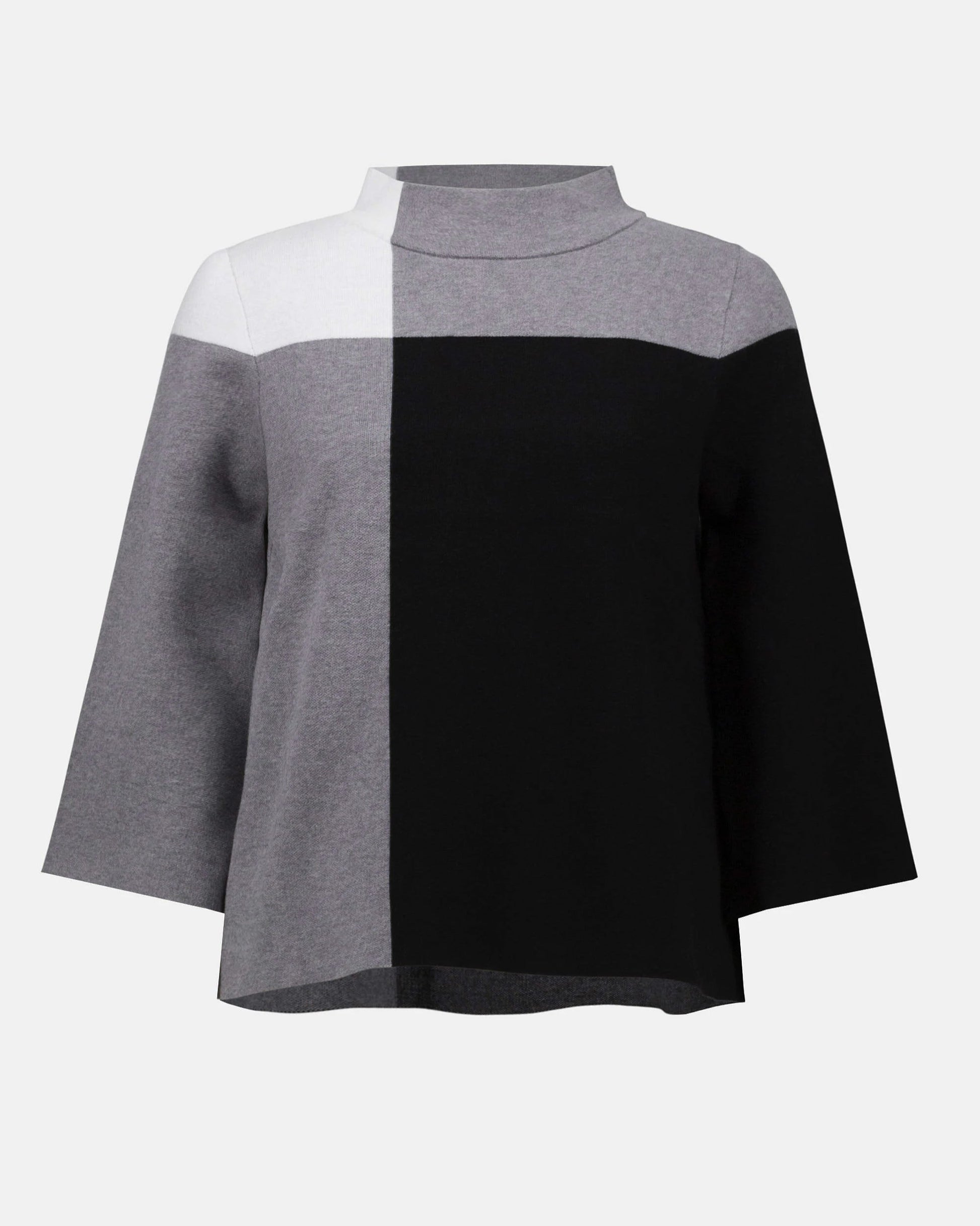 Color-blocked poncho with gray, white, and black sections on a light gray background