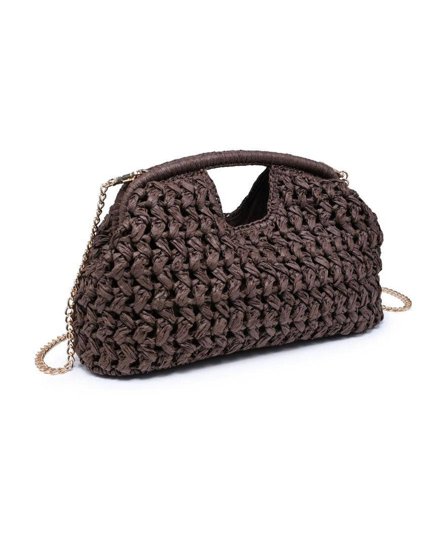 Brown woven handbag with a chain strap on a white background
