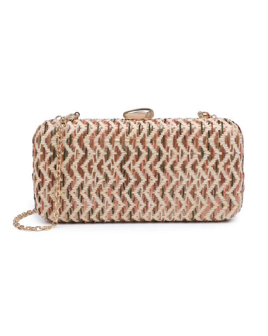 Woven clutch bag with a chain strap on a white background