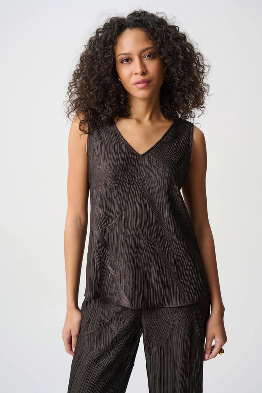 Pleated Satin Flared V-Neck Top
