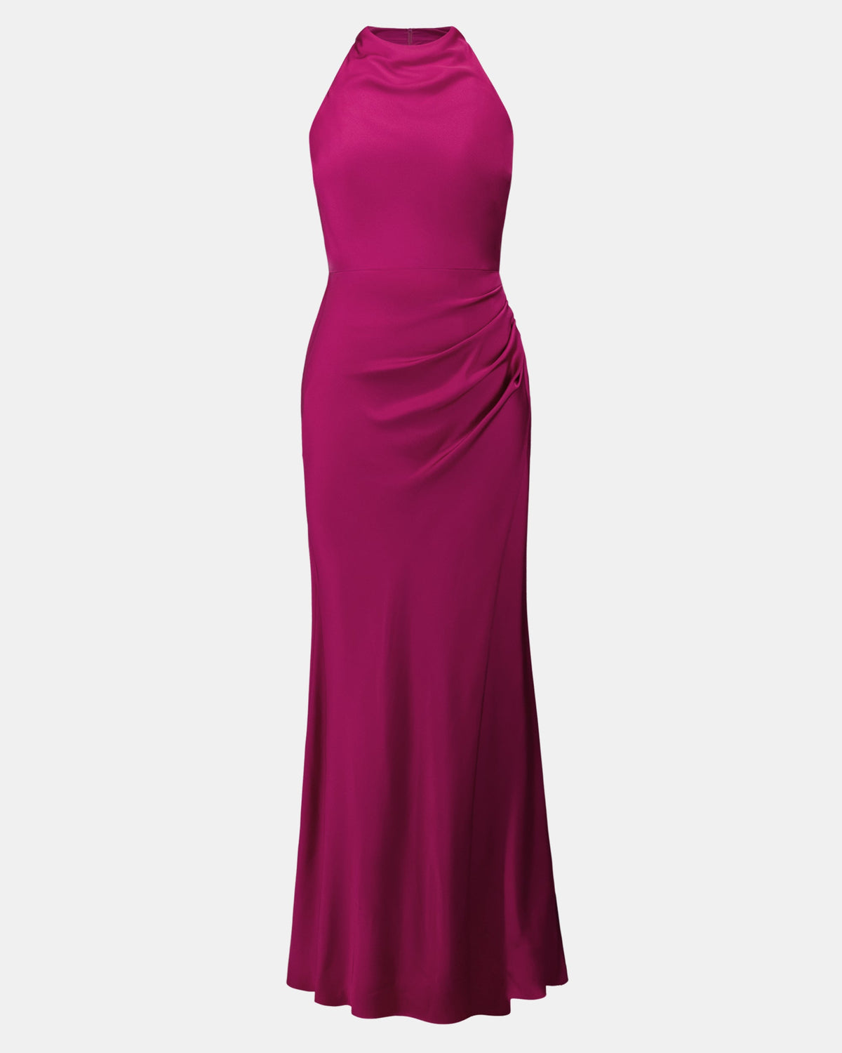 Fuchsia halter neck gown on a white background