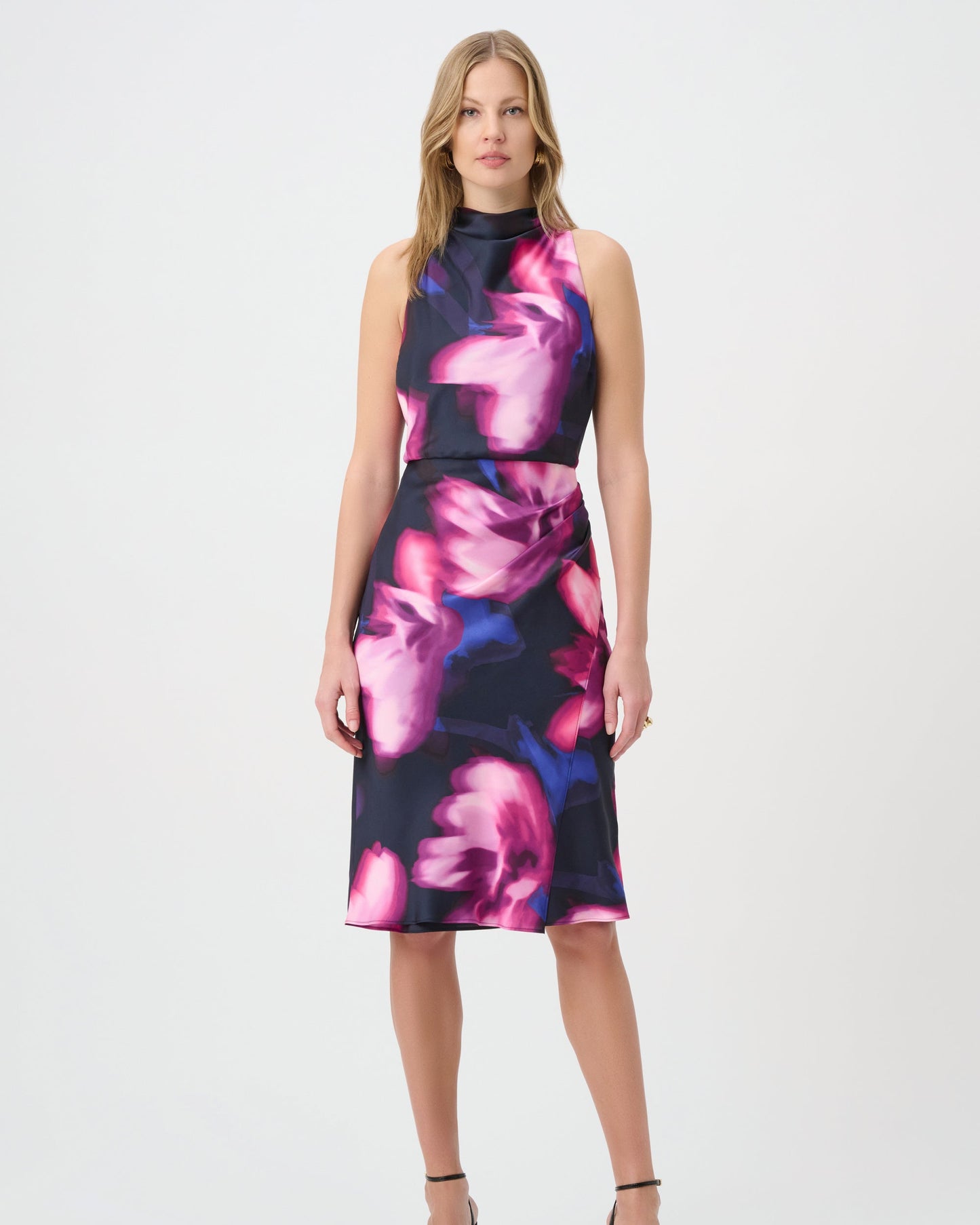 Floral Print Satin Halter Neck Dress