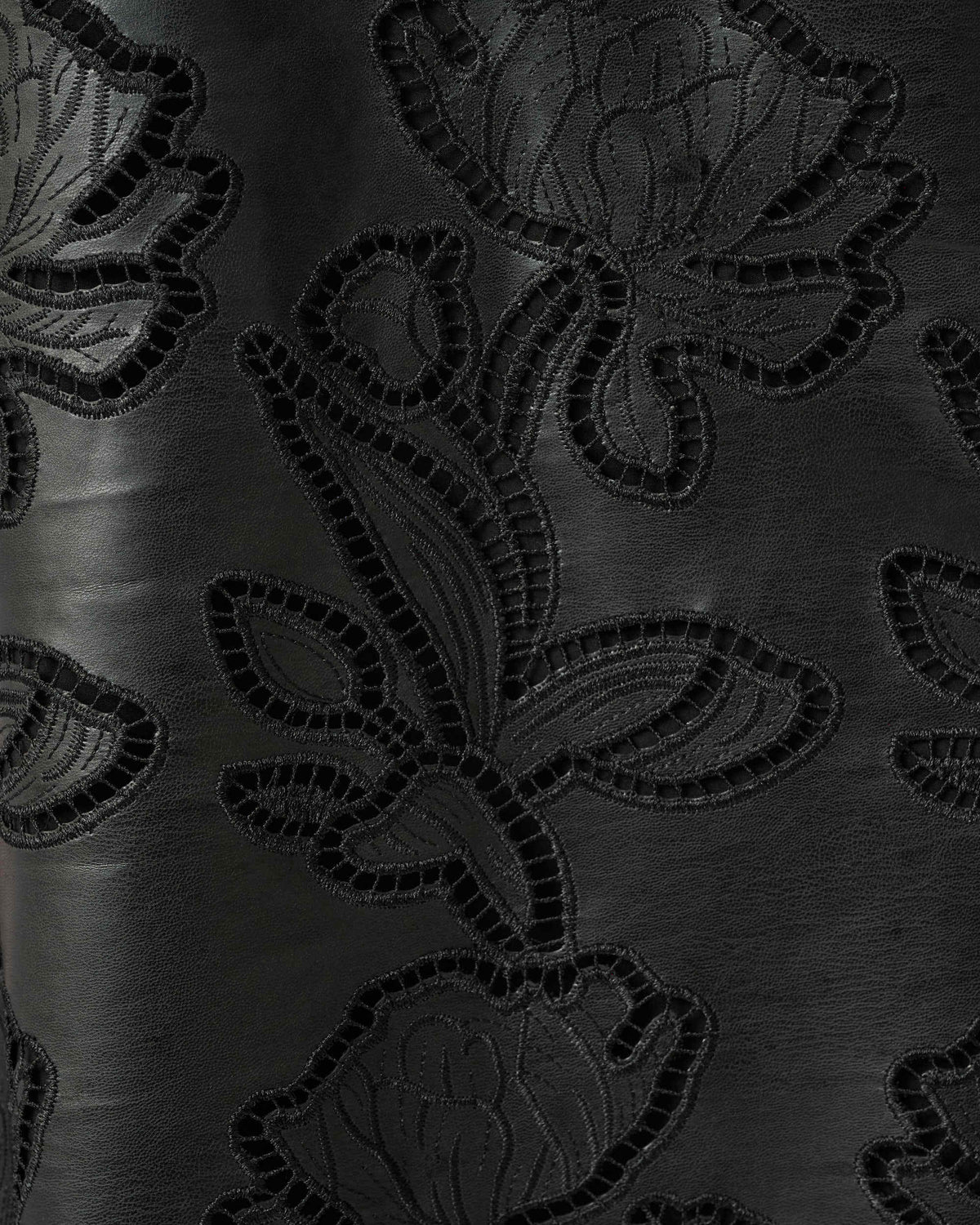 Close-up of a black fabric surface with an embossed or tonal floral pattern, showing the texture and sheen of the material.