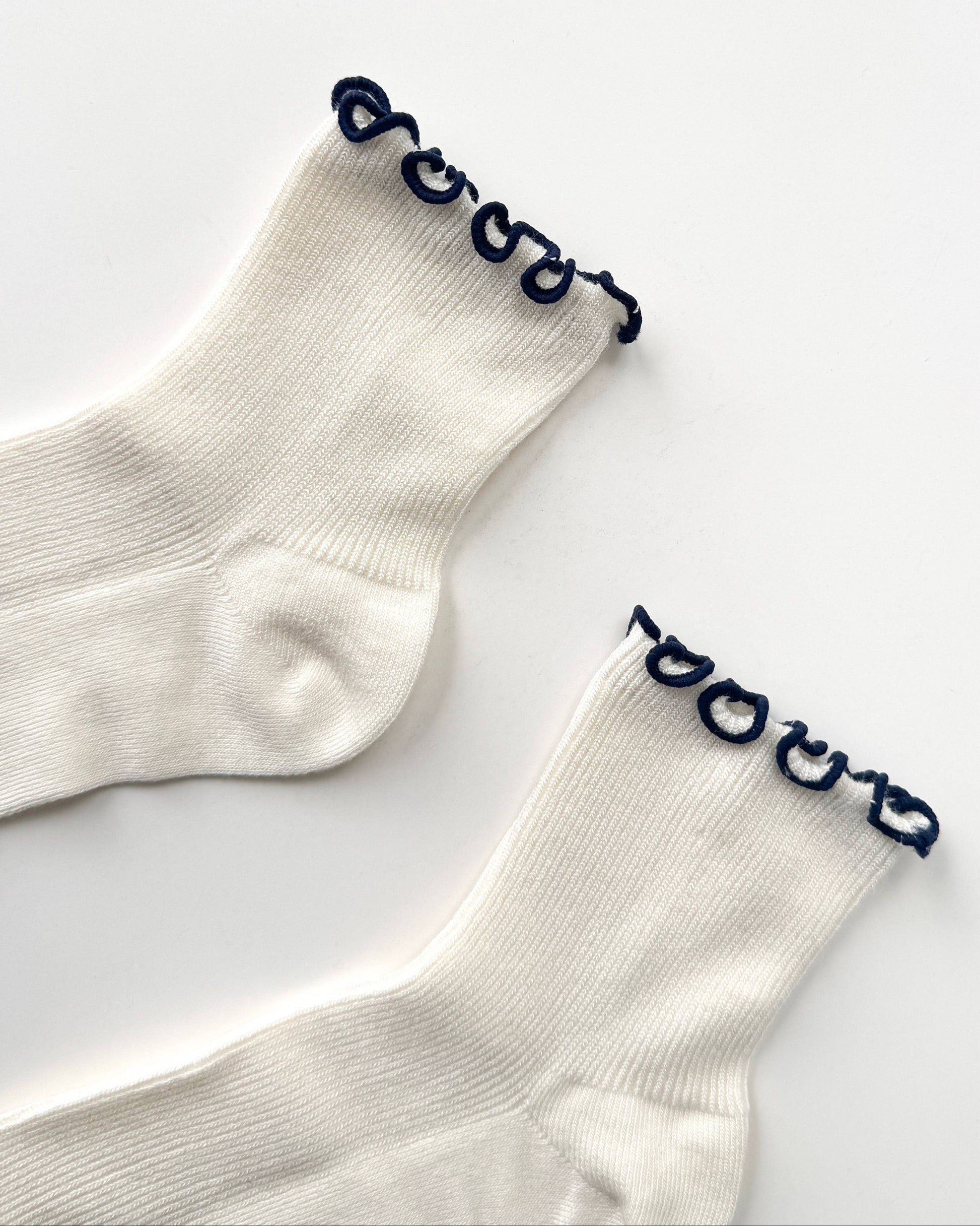 White socks with navy blue trim on a light gray background