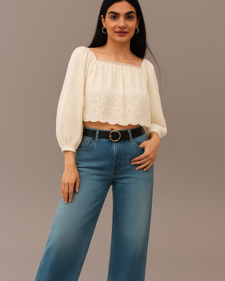 Woman wearing a white blouse and blue jeans against a neutral background