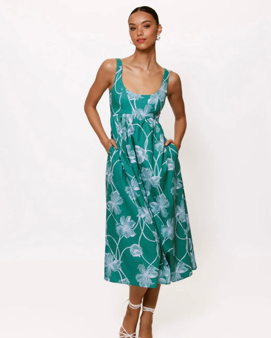 Model is wearing Hutch Arley Midi Dress In Teal/Sky on a white background.