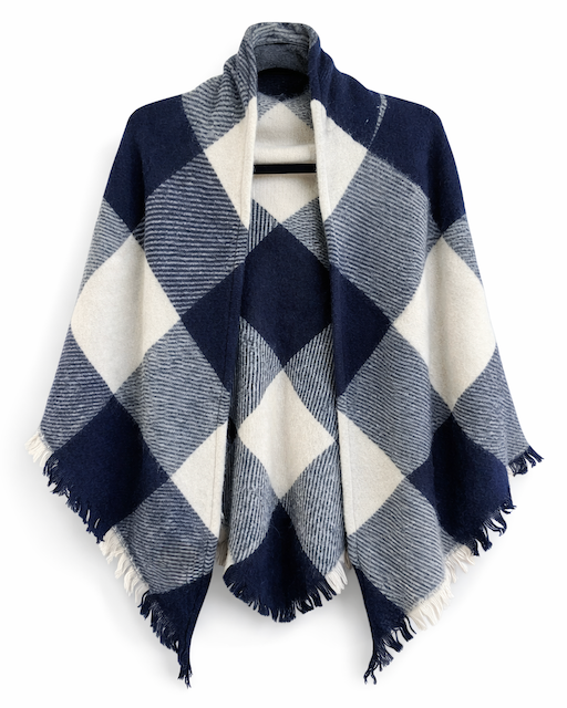 A navy blue and off-white plaid fringed poncho wrap displayed on a hanger against a plain white background.