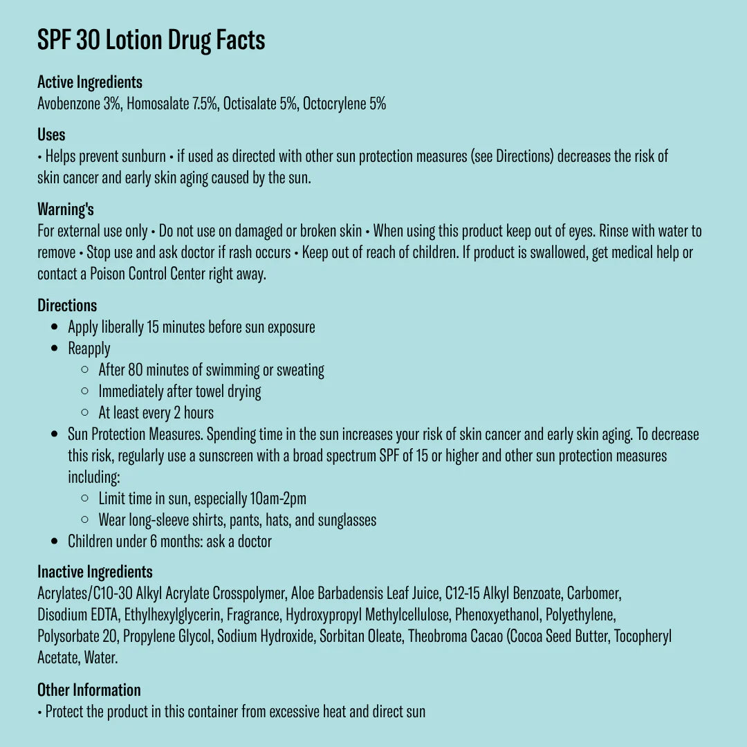 SPF 30 Lotion Drug Facts label with detailed information on active and inactive ingredients, uses, warnings, and directions.