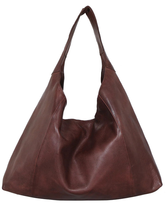 Brown leather handbag on a white background