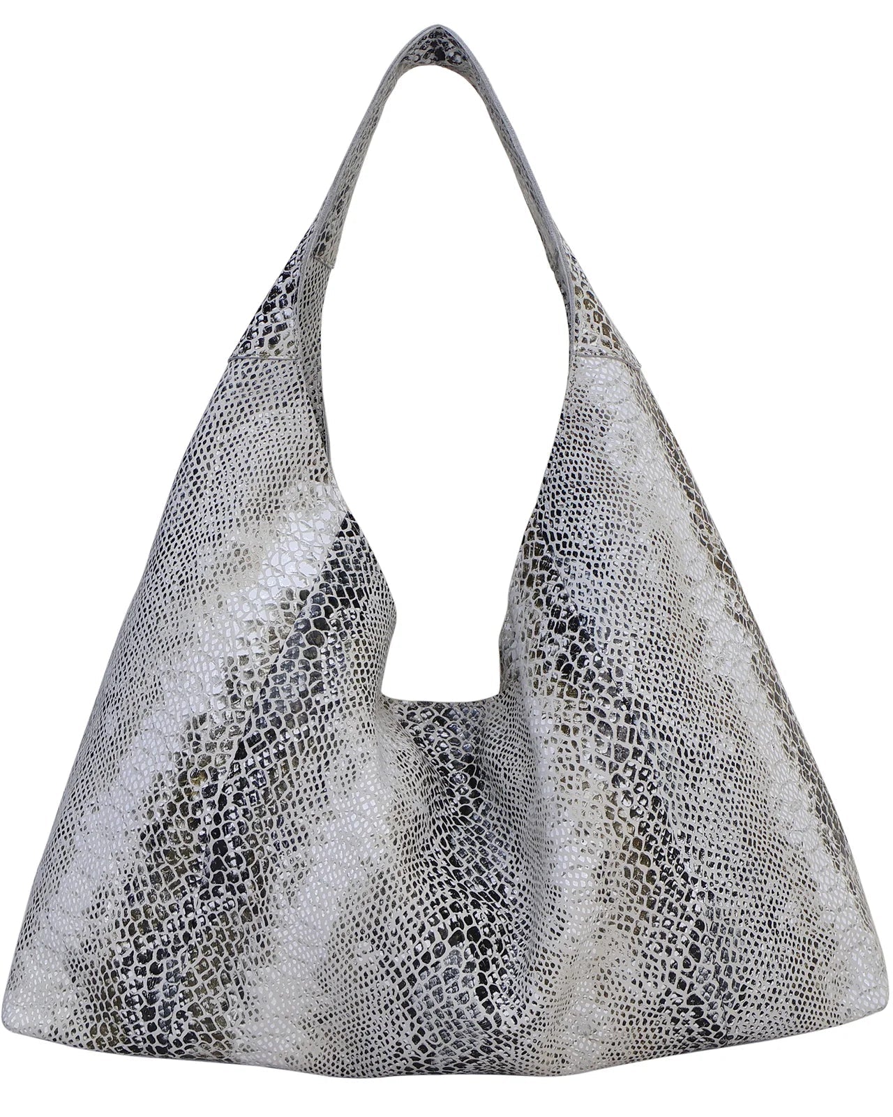 Hobo bag with snake skin pattern on a white background