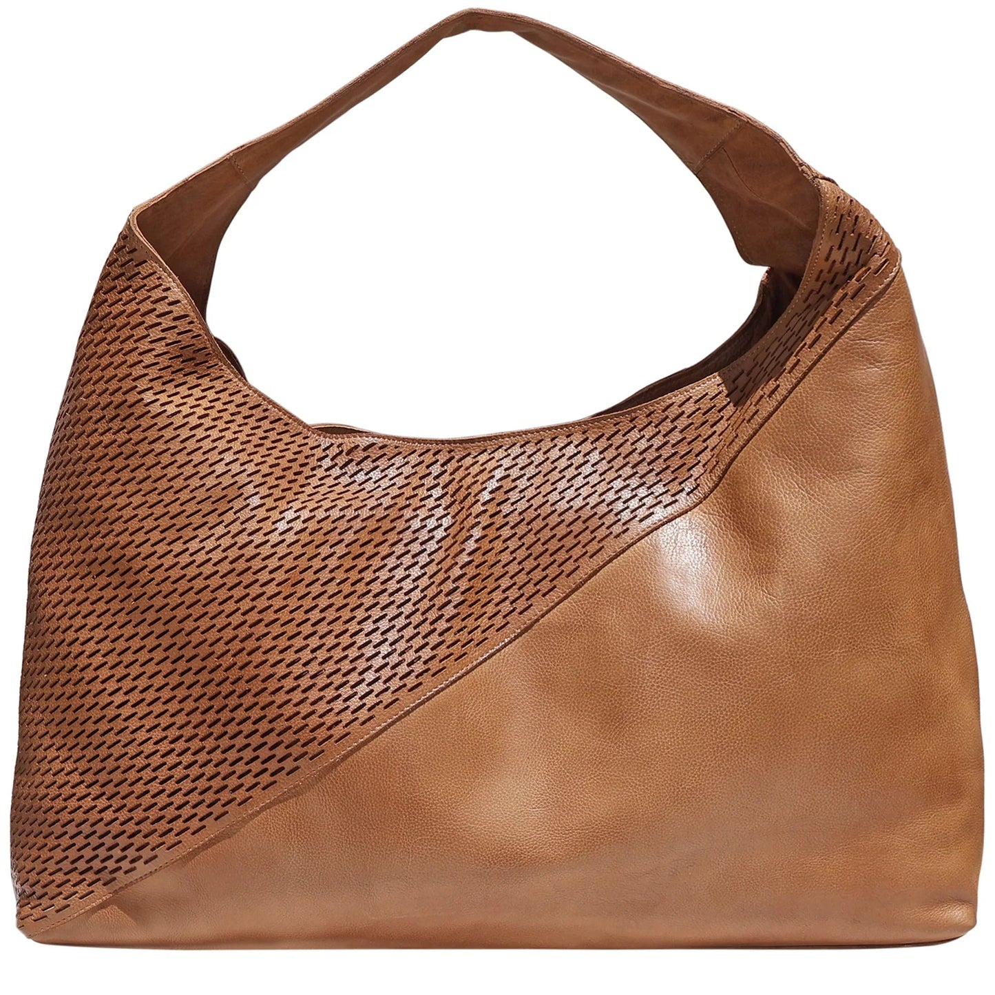 Brown leather handbag with woven pattern on a white background