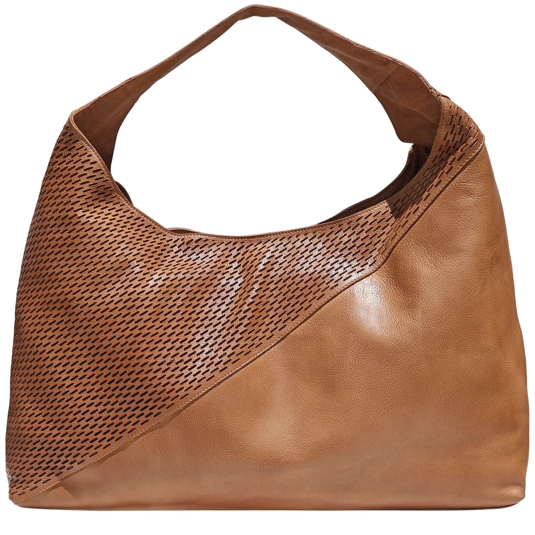 Brown leather handbag with woven pattern on a white background