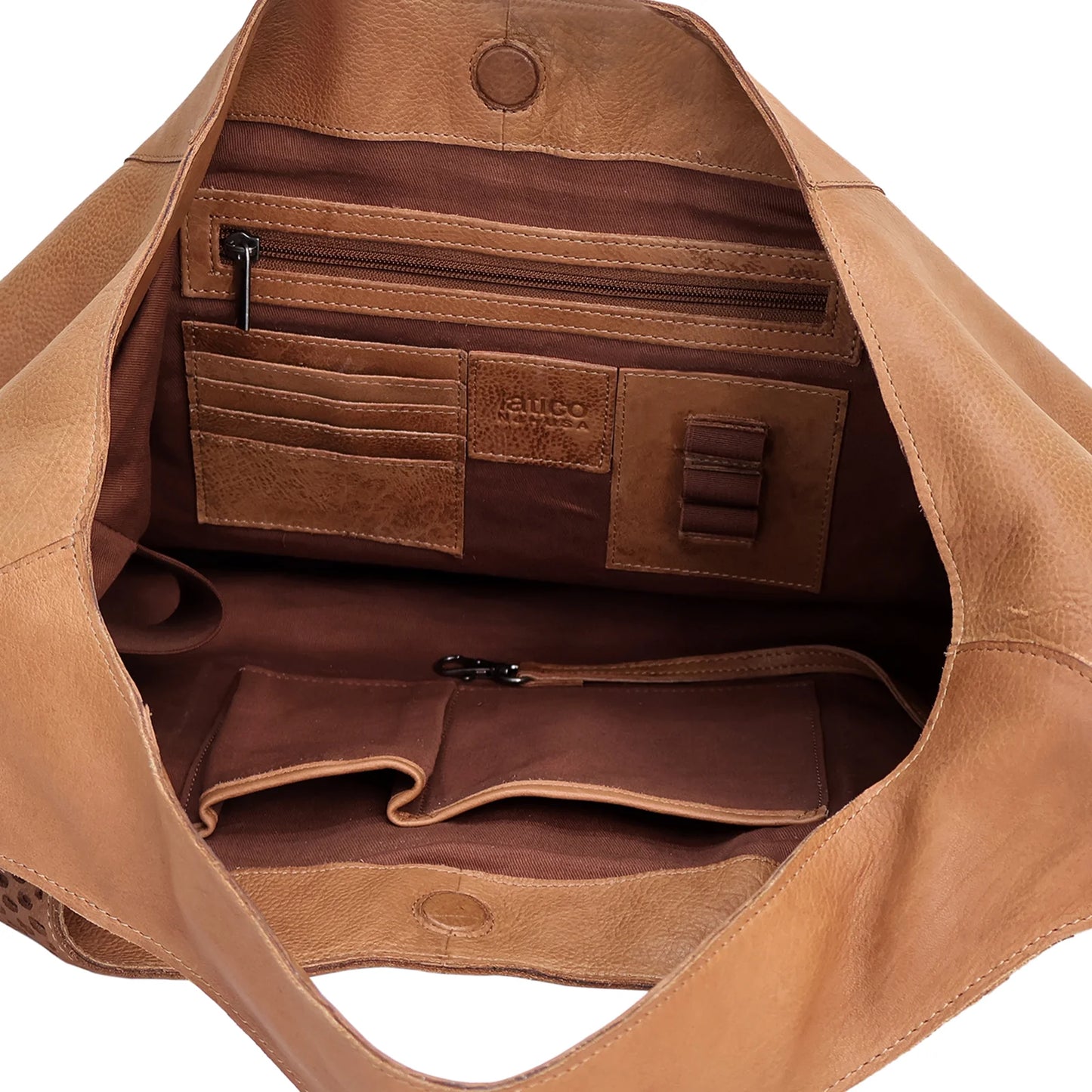 Brown leather bag with open compartments on a white background