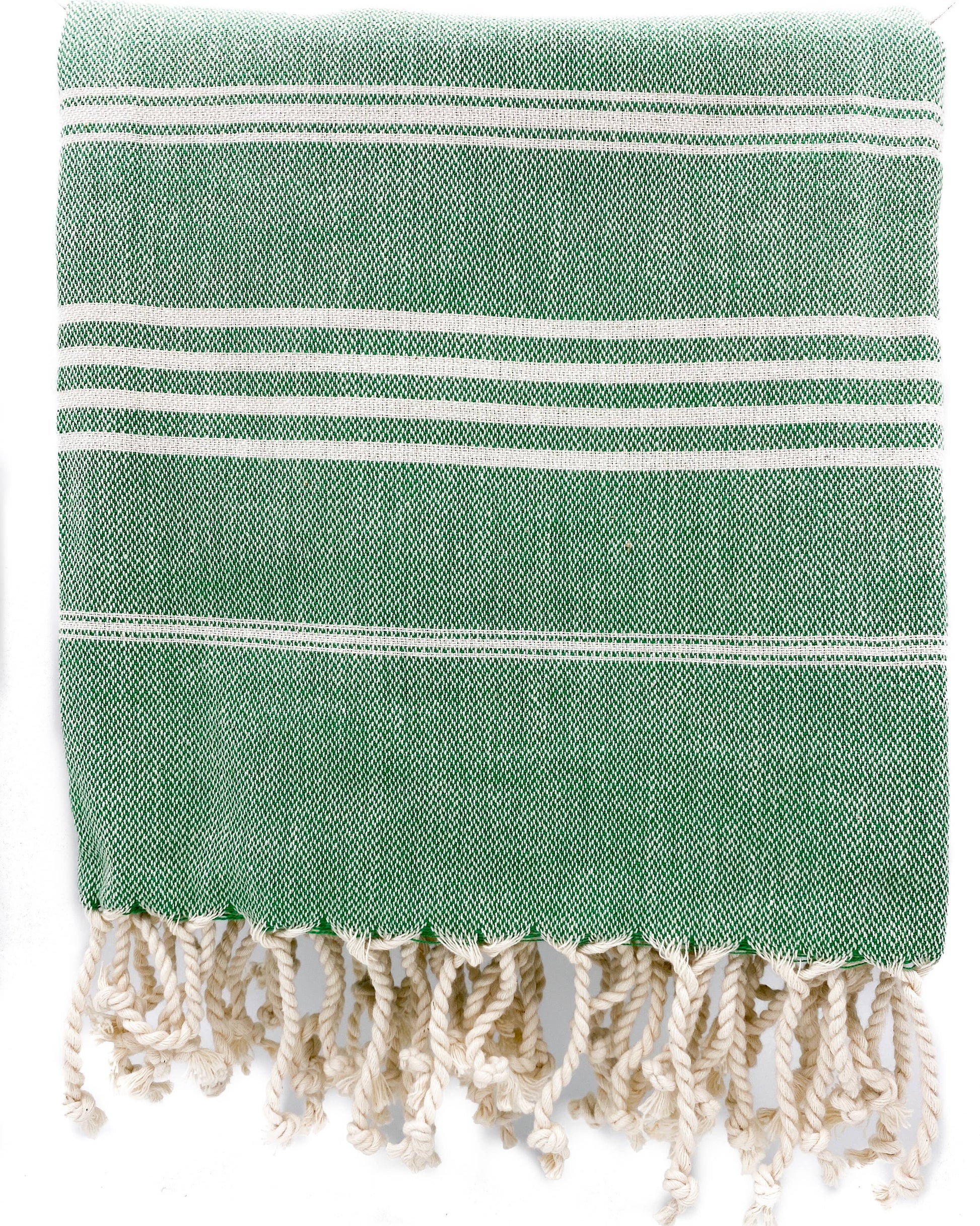Green towel with white stripes and fringes on a white background