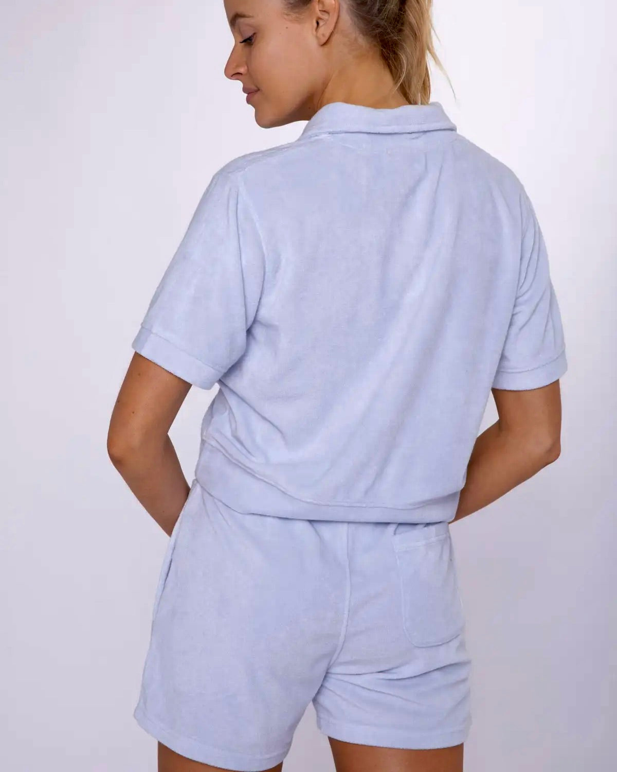 Mono B Brushed Shirt and shorts set in Light Peri color on a white background