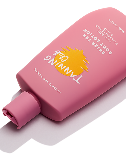 Pink bottle of Tanning Oil with a yellow sun logo on a white background